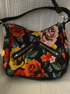 Vera Bradley Quilted Floral Shoulder Bag in Black with Multicolor Roses
